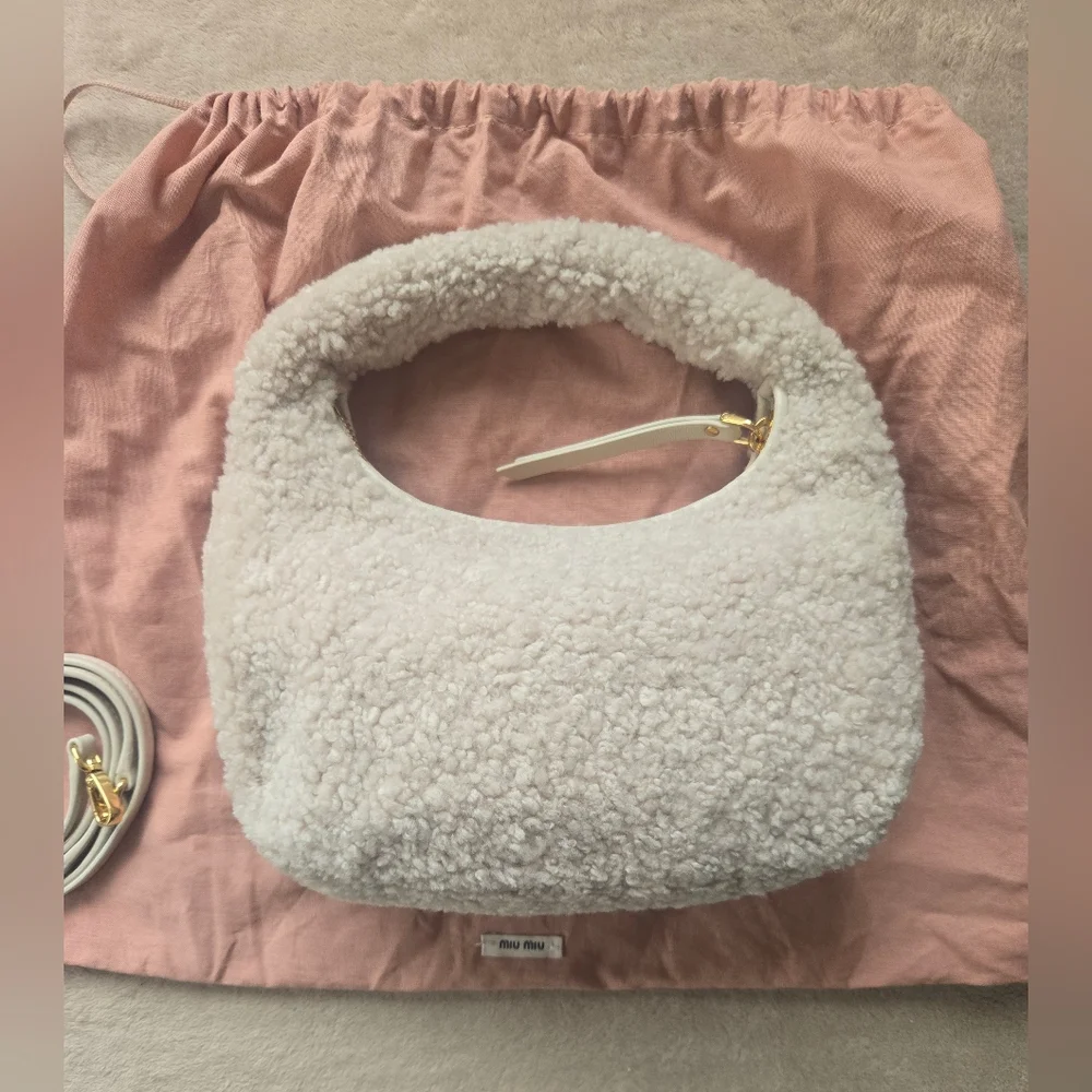 Miu Miu Cream Wander Shearling Hobo Handbag/Crossbody